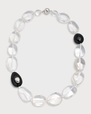 18K White Gold Necklace in Rock Crystals, Black Obsidian and Diamonds
