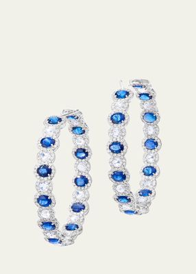 18K White Gold One of a Kind Scallop Hoop Earrings with Diamonds and Blue Sapphires