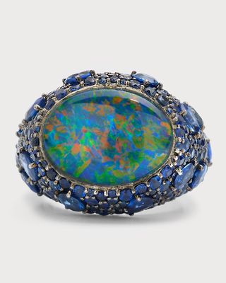 18K White Gold Opal and Sapphire Ring, Size 6.5