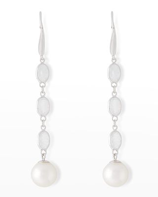 18K White Gold Oval Moonstone and 8mm Akoya Pearl Drop Earrings
