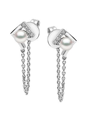 18K White Gold, Pearl & Diamond Chain Drop Earrings