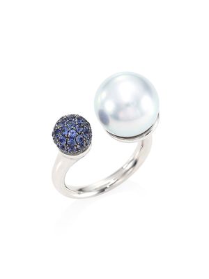 18K White Gold Pearl & Sapphire Ring - Pearl Silver - Size 6.5 - Pearl Silver - Size 6.5