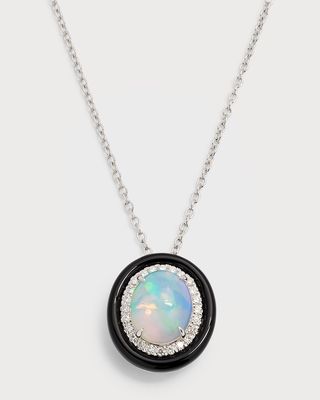 18K White Gold Pendant with Oval Opal, Diamonds and Black Frame, 2.12tcw