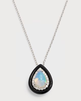 18K White Gold Pendant with Pear-Shape Opal, Diamonds and Black Frame, 1.49tcw