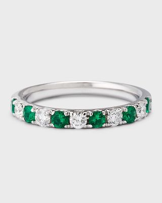 18K White Gold Ring with 2.5mm Alternating Diamonds and Emeralds, Size 6