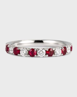 18K White Gold Ring with 2.5mm Alternating Diamonds and Rubies, Size 6