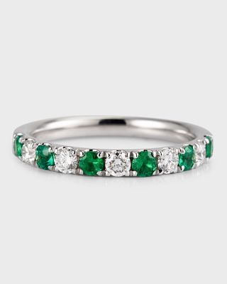 18K White Gold Ring with 2.5mm Alternating Emeralds and Diamonds, Size 6