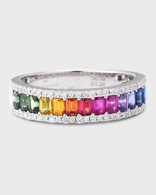18K White Gold Ring with Multicolor Sapphires and Diamonds, Size 6.5