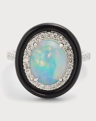 18K White Gold Ring with Opal Oval, Diamonds and Black Frame, 2.16tcw, Size 7