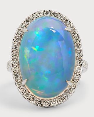 18K White Gold Ring with Oval Opal and Diamonds, 11.43tcw, Size 7