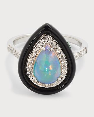 18K White Gold Ring with Pear-Shape Opal, Diamonds and Black Frame, 2.16tcw, Size 7