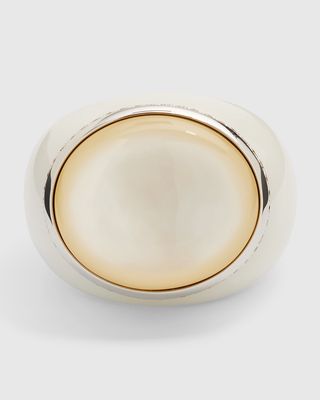 18K White Gold Ring with White Agate Shank, Mother-of-Pearl Cabochon and Diamonds, Size 6-8