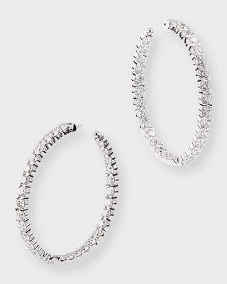 18K White Gold Round Diamond Hoop Earrings, 35mm