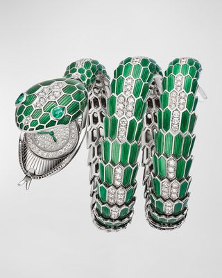 18K White Gold Serpenti Secret Watch with Diamonds, Emeralds and Green Lacquer
