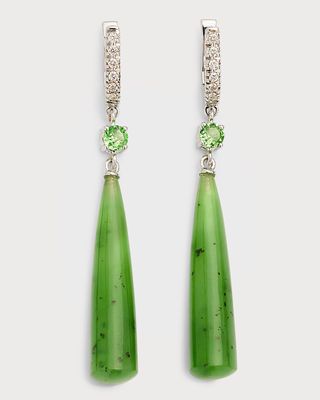 18K White Gold Simple and Sexy Earrings with Nephrite Jade, Tsavorite Garnet and Diamonds