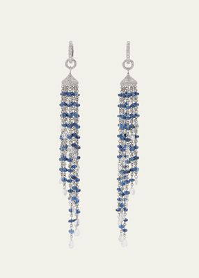 18K White Gold Spiral Tassel Earrings with Natural Sapphire Beads and Diamonds