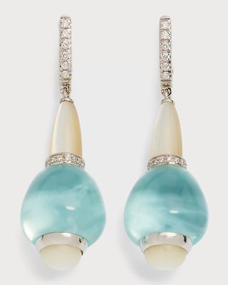 18K White Gold Tango Earrings with Aquamarine, Mother-of-Pearl and Diamond Latch Hoops