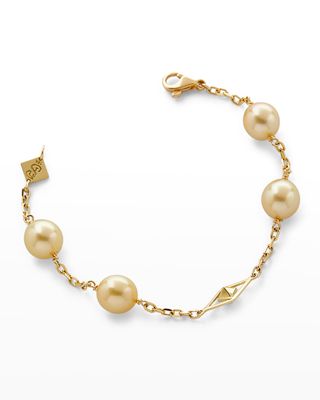 18K Yellow Gold 10mm Golden 4-Pearl and Cube Bracelet, 7"L
