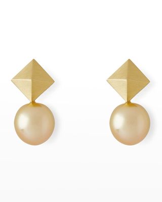 18K Yellow Gold 11mm Golden South Sea Pearl and 2-Cube Earrings