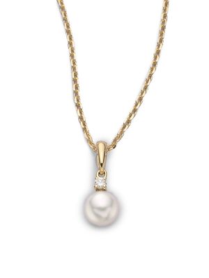18K Yellow Gold, 6MM White Cultured Akoya Pearl & Diamond Pendant Necklace - Yellow Gold