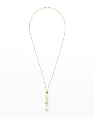 18K Yellow Gold 7-8mm Akoya Pearl and Cube Necklace, 18"L