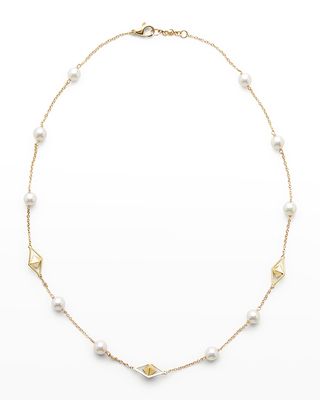 18K Yellow Gold 7mm White Akoya 10-Pearl and 3-Cube Necklace, 18"L