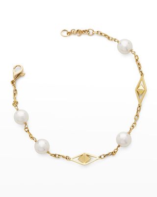 18K Yellow Gold 8mm Akoya 4-Pearl and 2-Cube Bracelet, 8"L
