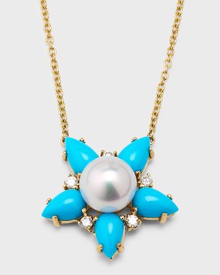 18K Yellow Gold Akoya Pearl, Diamond and Pear Shape Turquoise Necklace, 18"L