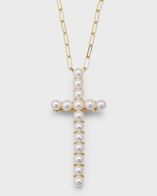 18K Yellow Gold Akoya Pearl Long Cross Pendant Necklace, 36"L