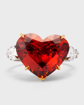 18K Yellow Gold and Platinum Garnet Heart Ring with Pear Shaped Diamonds, Size 6