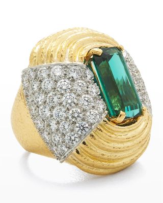 18k Yellow Gold and Platinum Ring with Green Tourmaline and Diamonds, Size 6.5