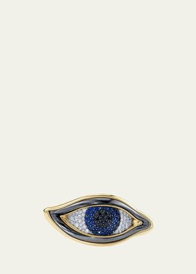 18K Yellow Gold and Silver Eye of Chrona Ring with White Diamonds, Sapphires and Black Diamonds, Size 7.5