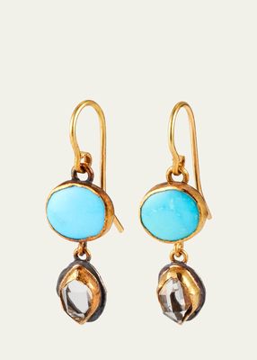 18K Yellow Gold and Silver Persian Turquoise and Herkimer Diamond Double Drop Earrings