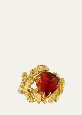 18K Yellow Gold Bespoke Mexican Fire Opal Treefrog Ring, Size 6.25