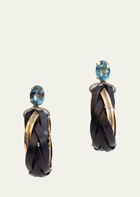 18K Yellow Gold Blue Bamboo Hoop Earrings with Diamonds and Topaz
