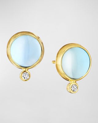 18K Yellow Gold Blue Topaz and Diamond Stud Earrings