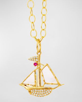 18K Yellow Gold Boat Charm Pendant Necklace with Mother of Pearl, Ruby, and Diamonds