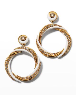 18K Yellow Gold Brown Diamond and White Enamel Earrings