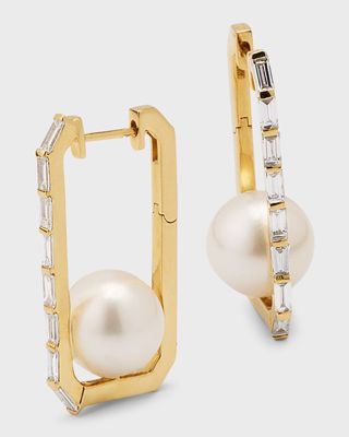 18K Yellow Gold Caged Pearl and Diamond Drop Earrings