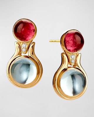 18K Yellow Gold Candy Earrings with Rubellite, Blue Topaz, and Diamonds