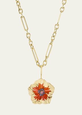 18K Yellow Gold Carnelian Hibiscus Pendant Necklace with Sapphire and Amethyst