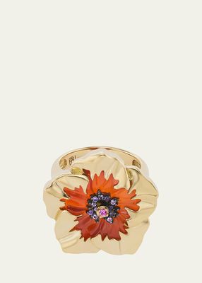 18K Yellow Gold Carnelian Hibiscus Ring with Sapphire and Amethyst