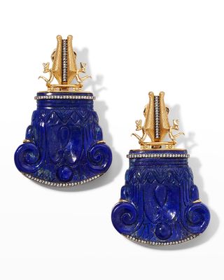 18K Yellow Gold Carved Lapis Lazuli Earrings with Diamonds