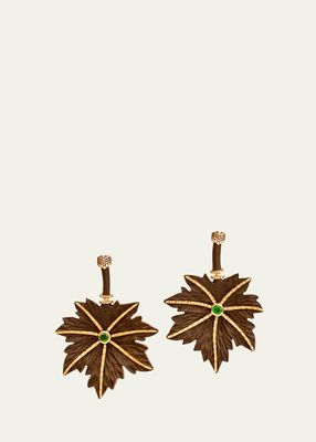 18K Yellow Gold Carved Maple Leaf Wood Earrings with Diamonds and Emeralds
