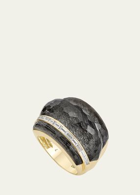 18K Yellow Gold CH2 Statement Ring with Obsidian Crystal Haze and Diamonds