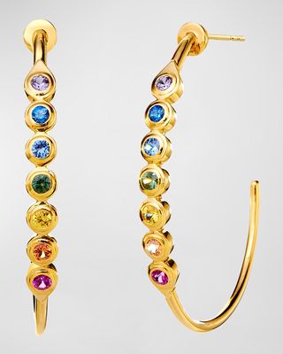 18K Yellow Gold Chakra Hoop Earrings with Rainbow Sapphires
