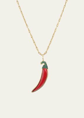 18K Yellow Gold Coral Chili Pepper Pendant with Emeralds