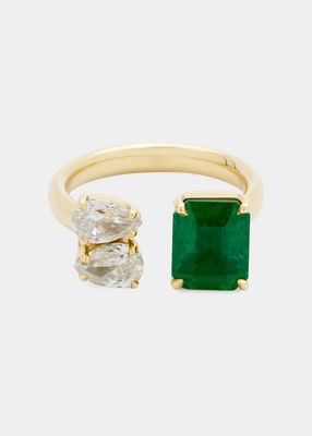 18k Yellow Gold Diamond & Emerald Open Ring