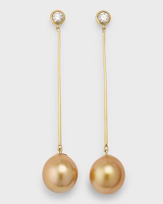 18K Yellow Gold Diamond and Golden Pearl Stick Earrings, 12mm