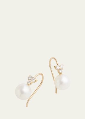 18K Yellow Gold Diamond Cluster Drop Earrings with White Freshwater Pearls